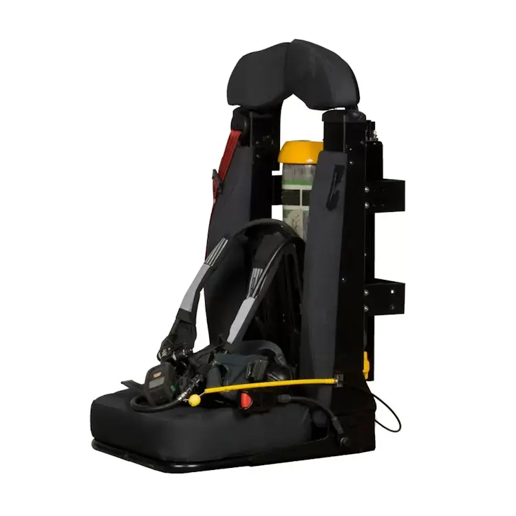 Empty Ziamatic™ EZ-LOC Mechanical Bracket with Fixed Top Clamp mounted on a firetruck seat, equipped with shoulder carrying straps and ready to securely hold a cylinder for fast access during emergencies.