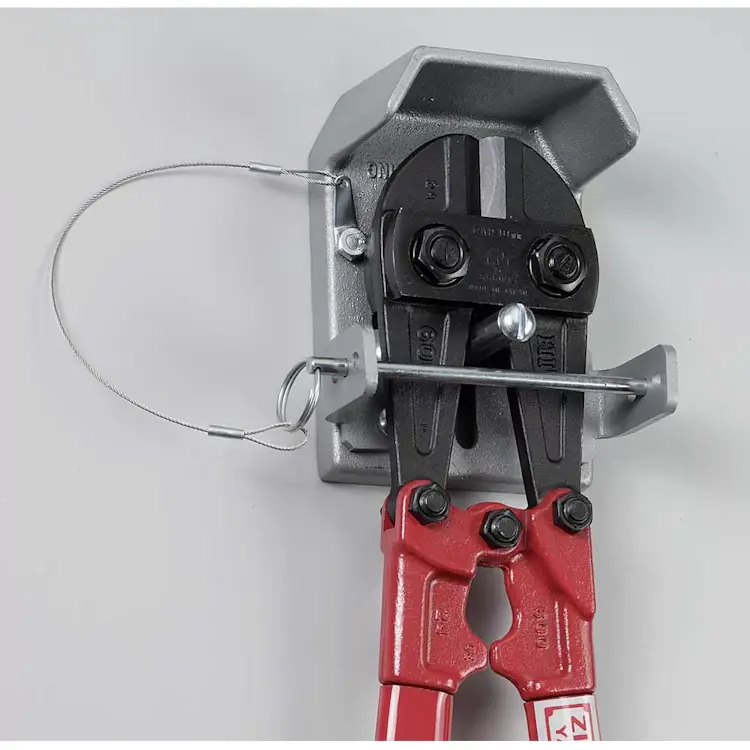 Close-up of Ziamatic™ Bolt Cutter Brackets securely holding bolt cutters, highlighting the sturdy design for safe and accessible equipment storage during emergencies.