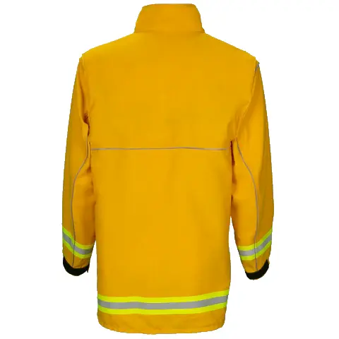 Back view of the Lakeland® Wildland Fire Coat (WLSCT), featuring flame-resistant fabric, high-visibility color, and ergonomic design for wildland firefighting protection and mobility.