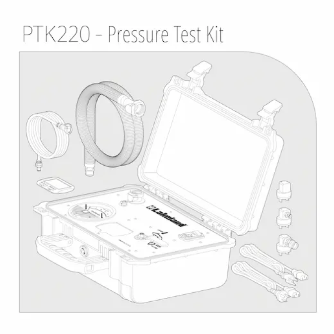 Diagram of the Lakeland® Test Kit with Integrated Air Compressor displays its key components, including the built-in air compressor, pressure gauge, control valve, suit connection hose, and carrying case, organized for easy setup, use, and transport during gas-tight suit integrity testing.