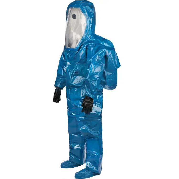 Front right side view of the Lakeland® Interceptor® Plus – Level A, Rear Entry fully encapsulated hazmat suit, showcasing its durable construction, visor design, and rear-entry zipper placement for enhanced safety and functionality.
