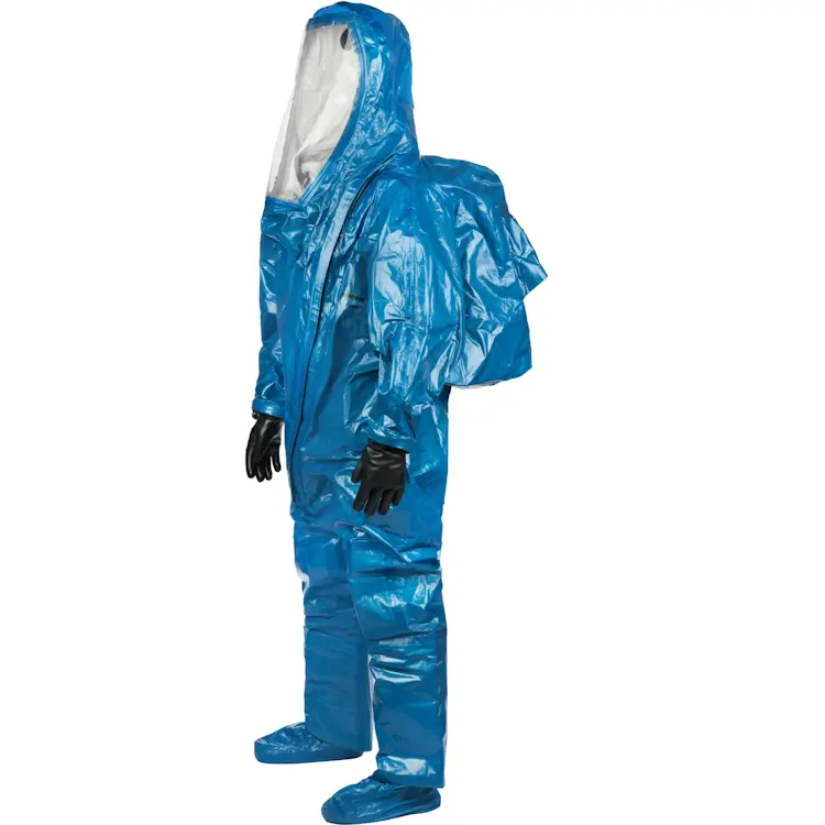 Front right side view of the Lakeland® Interceptor® Plus – Level A, Front Entry hazmat suit, featuring the centrally positioned front-entry zipper, wide face shield, and fully encapsulated design for superior chemical protection.