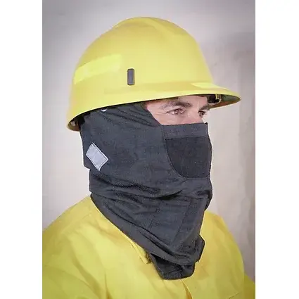 Front right side view of a person wearing the Hot Shield® UNI-V2 Ultra Shroud Extreme, highlighting the full-head coverage, heat-resistant fabric, and secure fit designed to protect respirators and wearers in extreme hazardous conditions.