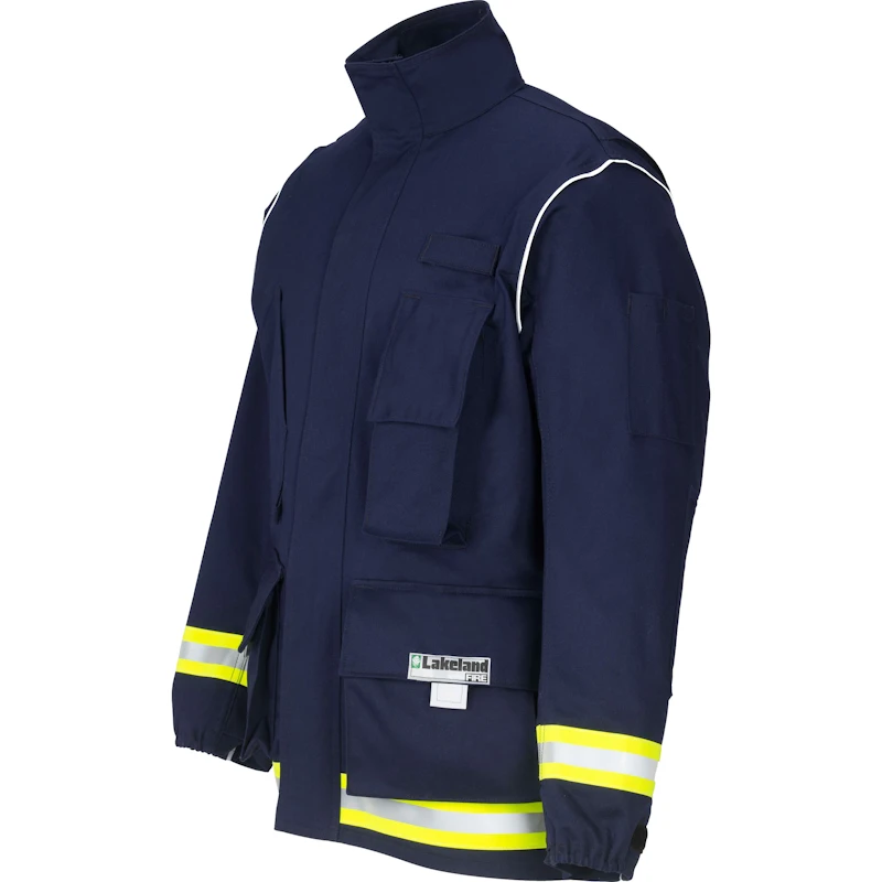 Front right side view of the Lakeland® 911 Series Extrication Coat (EXCT) in navy blue, showcasing its heavy-duty, flame-resistant fabric, reinforced construction, and ergonomic design for emergency rescue operations.