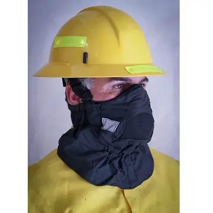 Front right side view of a person wearing the Hot Shield® HS-2 Wildland Firefighter Face Mask, showing the snug, flame-resistant fabric covering the lower face and neck for protection against heat and smoke.