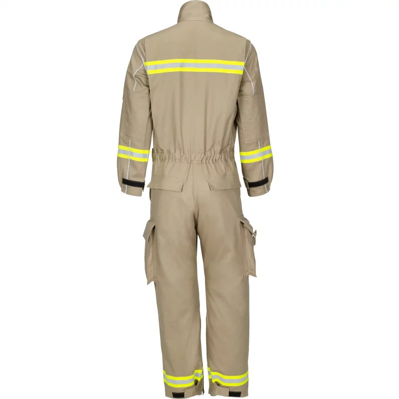 Back view of the Lakeland® 911 Series Extrication Coverall (EXCV), showcasing reinforced flame-resistant fabric and ergonomic features for durability and mobility during emergency rescue operations.