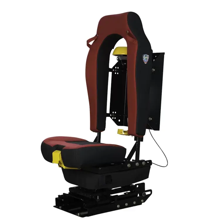 Empty Ziamatic™ EZ-LOC Mechanical Bracket with Fixed Top Clamp mounted on a firetruck seat, ready to securely hold firefighting equipment for emergency response.