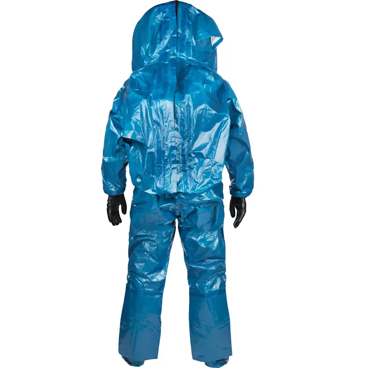 Back view of the Lakeland® Interceptor® Plus – Level A, Rear Entry fully encapsulated hazmat suit, highlighting the rear-entry zipper system, integrated hood, and seamless chemical barrier protection.