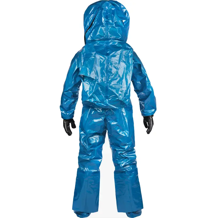 Back view of the Lakeland® Interceptor® Plus – Level A, Front Entry suit, showing the streamlined protective back panel, integrated hood, and gas-tight seams designed for maximum hazmat safety.