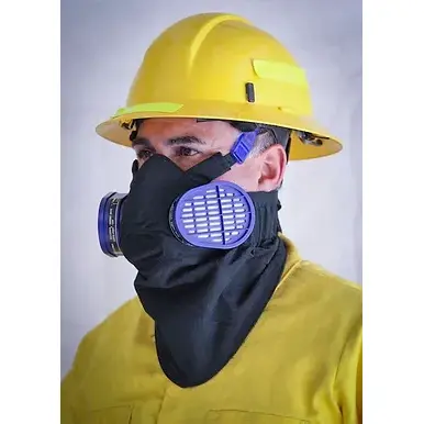 Front left side view of a person wearing the Hot Shield® HS-5 Respirator Housing and Face Protector Mask, showcasing the full-face coverage, sturdy heat-resistant housing, and secure fit over the Dräger Xplore 3500 respirator for enhanced protection in hazardous environments.