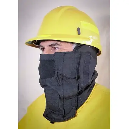 Front left side view of a person wearing the Hot Shield® UNI-V2 Ultra Shroud Extreme, highlighting the full-head coverage, heat-resistant fabric, and secure fit designed to protect respirators and wearers in extreme hazardous conditions.
