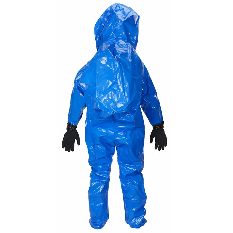 Back view of the Lakeland® Interceptor® Plus Front Entry Training Suit highlights its reinforced rear panel, exhaust valve placement, and full-coverage design, providing added protection, ventilation, and mobility for realistic hazmat training exercises.