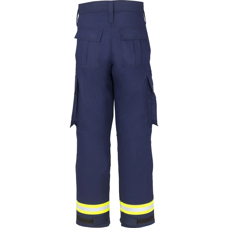 Back view of the Lakeland® 911 Series Extrication Pants (EXPT) in navy blue, highlighting reinforced flame-resistant fabric and ergonomic features designed for durability and mobility in emergency rescue operations.