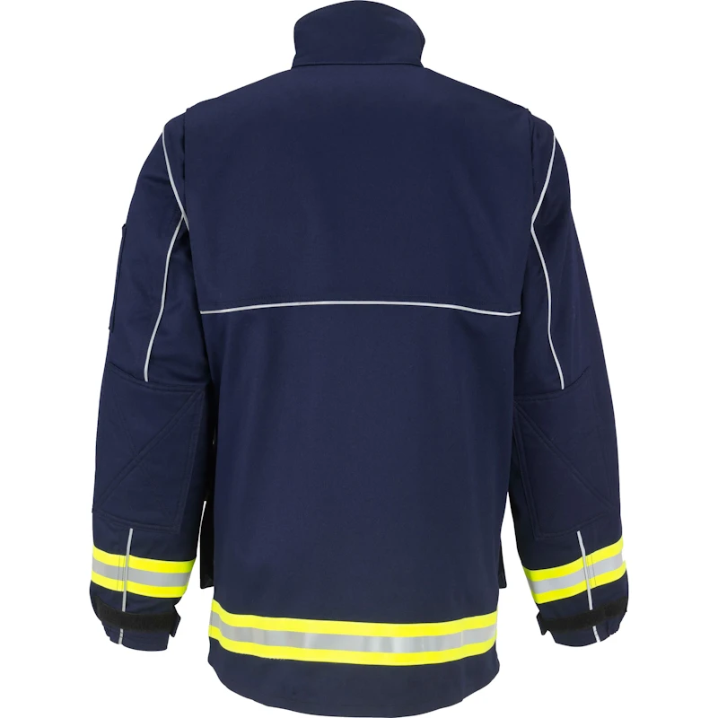 Back view of the Lakeland® 911 Series Extrication Coat (EXCT) in navy blue, highlighting reinforced flame-resistant fabric and ergonomic features for durability and mobility during emergency rescue operations.
