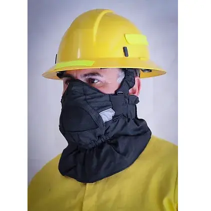 Front left side view of a person wearing the Hot Shield® HS-2 Wildland Firefighter Face Mask, showing the snug, flame-resistant fabric covering the lower face and neck for protection against heat and smoke.