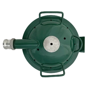 Top view of the green dome-shaped Turtle Fire Systems™ EV Nozzle with carry handles and silver coupling.