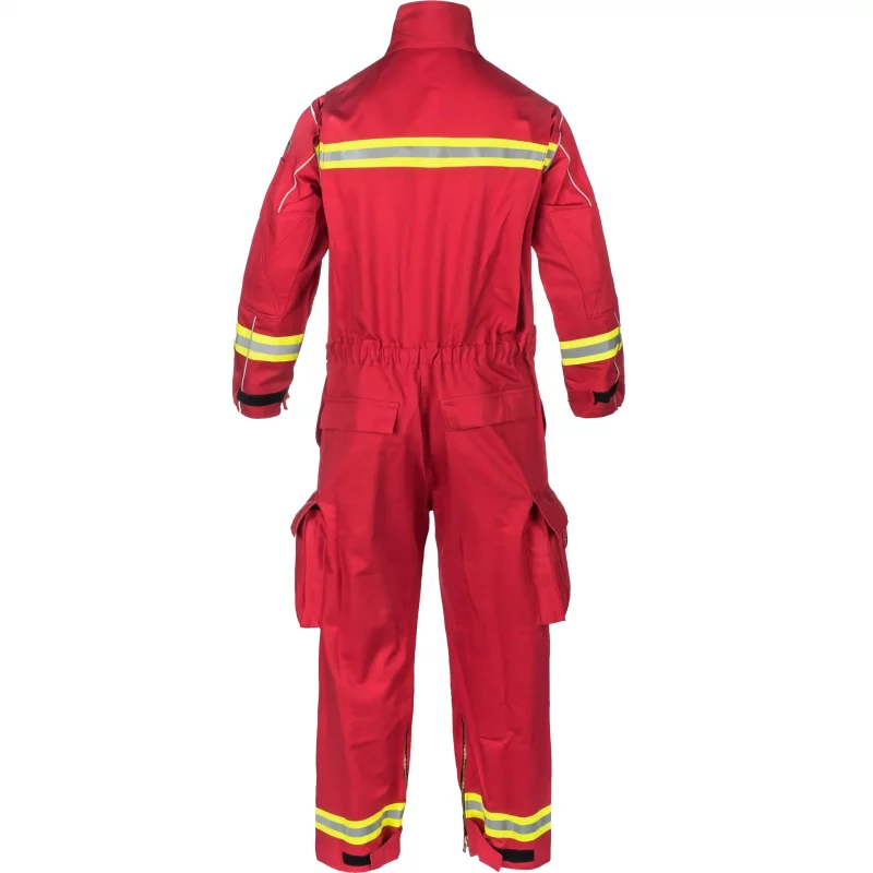 Back view of the Lakeland® 911 Series Extrication Coverall (EXCV) in red, featuring reinforced flame-resistant fabric and ergonomic design for durability and mobility during emergency rescue operations.