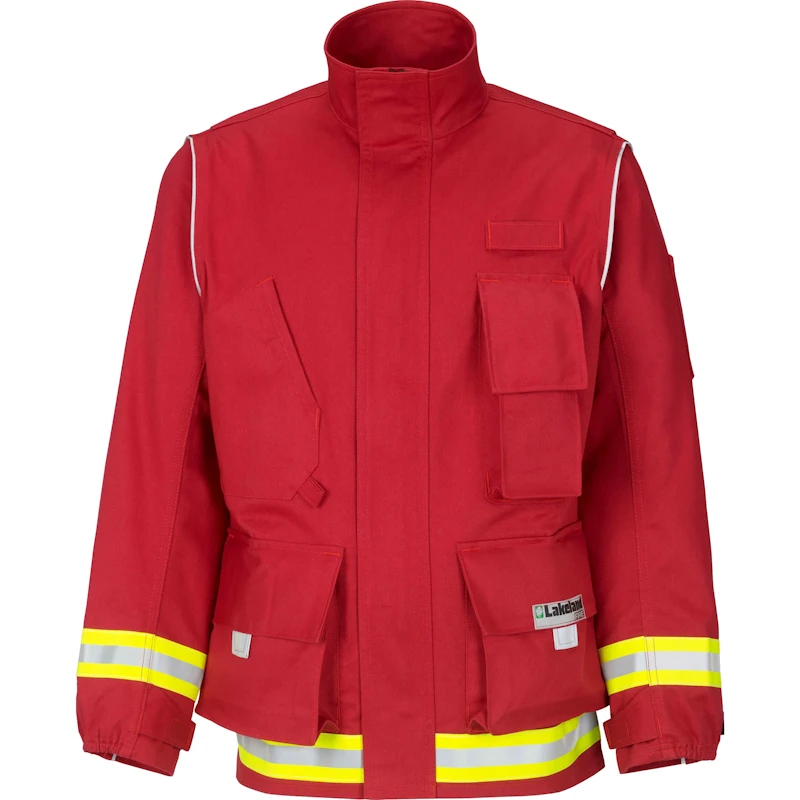 Lakeland® 911 Series Extrication Coat in red front view highlighting durable protective construction with high-visibility reflective striping designed for emergency response and extrication operations.
