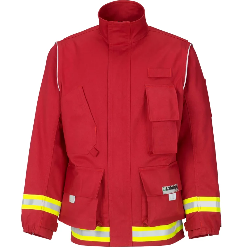 Front view of the Lakeland® 911 Series Extrication Coat (EXCT) in red, featuring heavy-duty, flame-resistant fabric with reinforced construction and ergonomic design for emergency rescue operations.