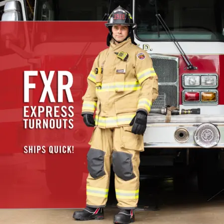 Firefighter wearing Fire-Dex® FXR Express Custom Turnout Gear, demonstrating full protective coverage and custom fit for emergency response.