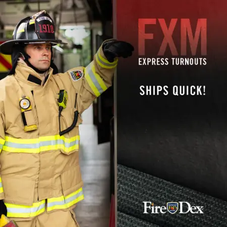 Firefighter wearing Fire-Dex® FXM Express Custom Turnout Gear, demonstrating full protective coverage and custom fit for emergency response.