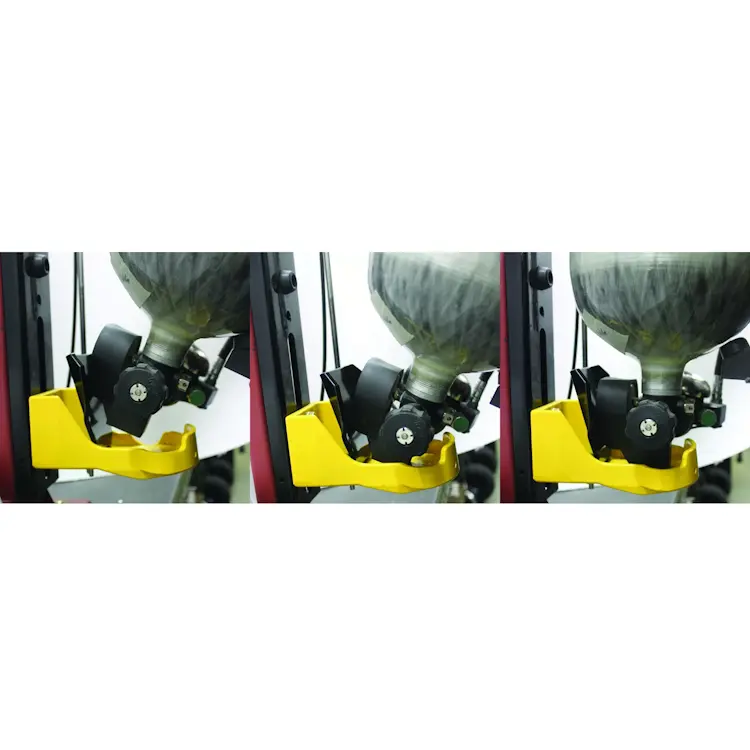 Close-up of a cylinder tilted at the bottom of a Ziamatic™ EZ-LOC Mechanical Bracket – Fixed Top Clamp, demonstrating secure and accessible equipment positioning for emergency use.