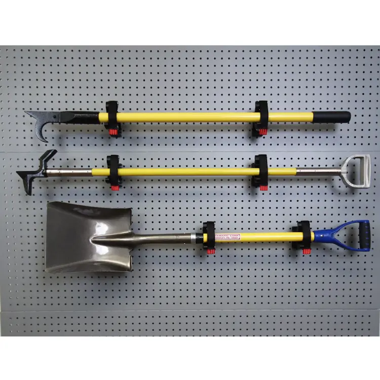 Front view of three pairs of Ziamatic™ SURE-GRIP 275 Tool/Equipment Mounts, each securely holding a piece of firefighting equipment for organized, accessible storage during emergency operations.