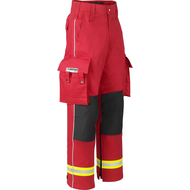 Front left side view of the Lakeland® 911 Series Extrication Pants (EXPT) in red, showcasing their heavy-duty, flame-resistant fabric, reinforced areas, and ergonomic design for emergency rescue operations.