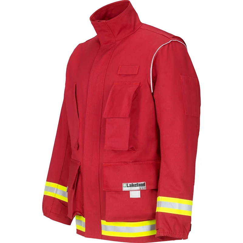 Lakeland® 911 Series Extrication Coat in red front side view highlighting durable protective construction with high-visibility reflective striping designed for emergency response and extrication operations.