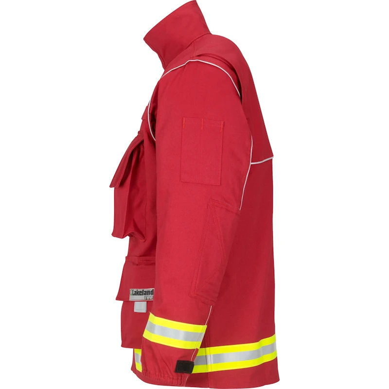 Lakeland® 911 Series Extrication Coat in red side view highlighting durable protective construction with high-visibility reflective striping designed for emergency response and extrication operations.
