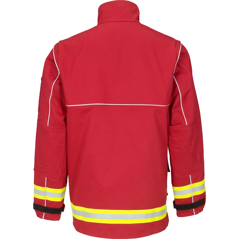 Lakeland® 911 Series Extrication Coat in red back view highlighting durable protective construction with high-visibility reflective striping designed for emergency response and extrication operations.