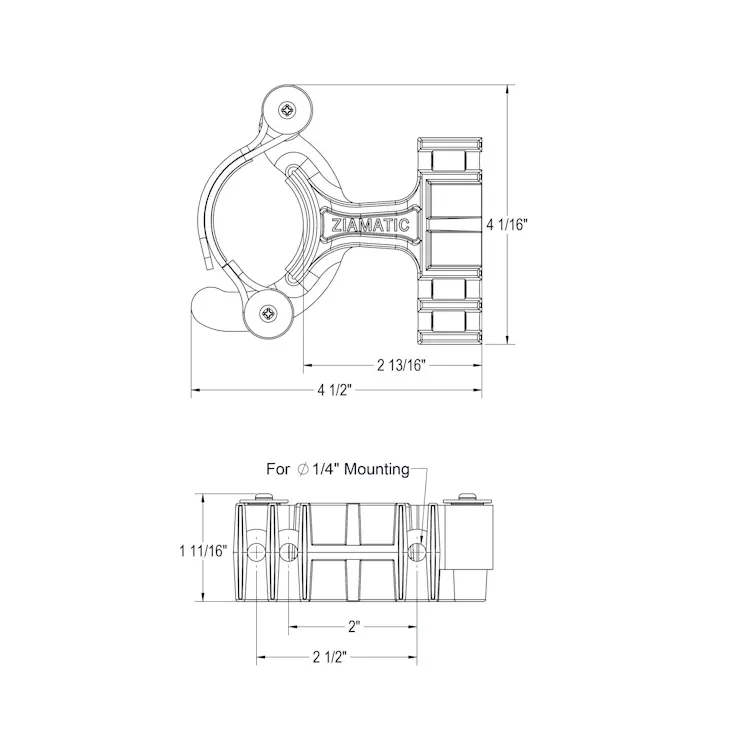 Detailed diagram of the Ziamatic™ SURE-GRIP 275 Tool/Equipment Mount illustrating its adjustable gripping arms, sturdy base plate, mounting holes, and durable construction designed for secure and reliable firefighting tool storage.