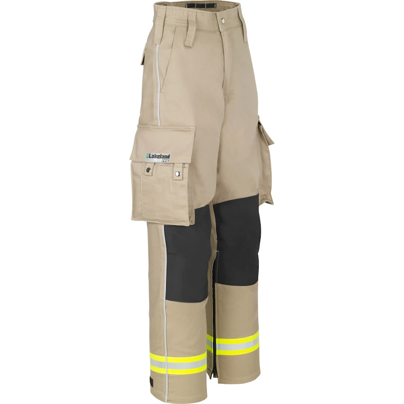 Front left side view of the Lakeland® 911 Series Extrication Pants (EXPT) in tan, showcasing their heavy-duty, flame-resistant fabric, reinforced areas, and ergonomic design for emergency rescue operations.