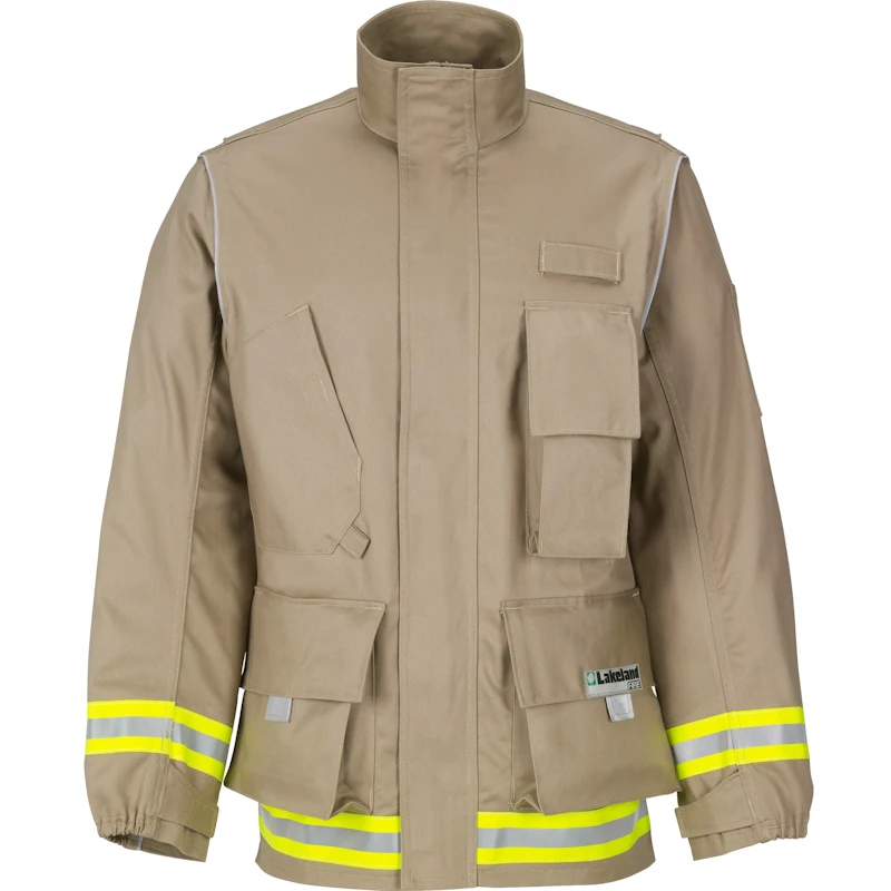 Lakeland® 911 Series Extrication Coat in tan front view highlighting durable protective construction with high-visibility reflective striping designed for emergency response and extrication operations.