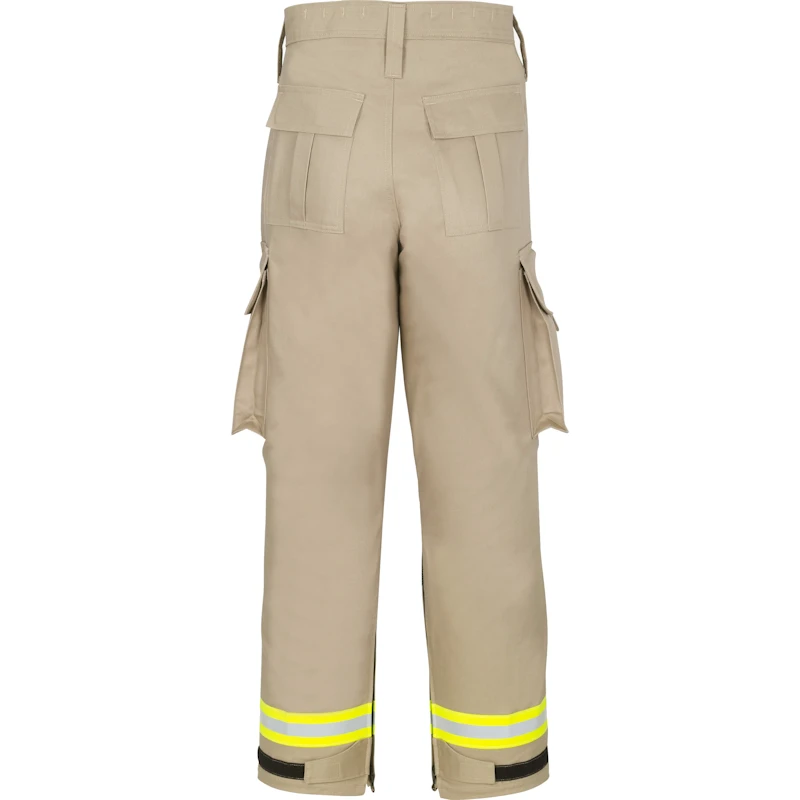 Back view of the Lakeland® 911 Series Extrication Pants (EXPT) in tan, highlighting reinforced flame-resistant fabric and ergonomic features designed for durability and mobility in emergency rescue operations.
