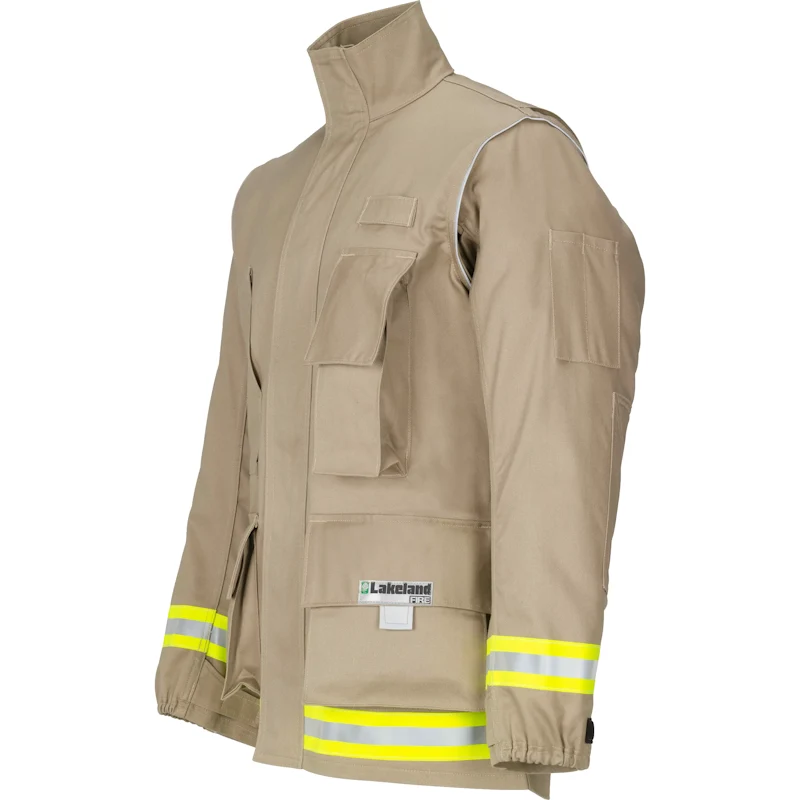 Lakeland® 911 Series Extrication Coat in tan front side view highlighting durable protective construction with high-visibility reflective striping designed for emergency response and extrication operations.