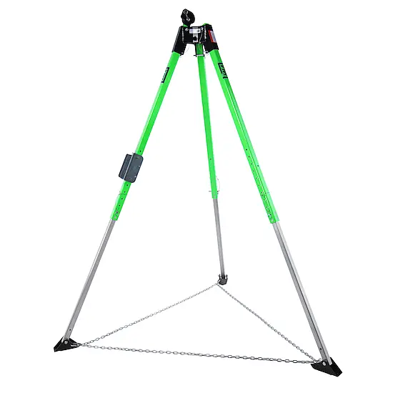 3M™ DBI-SALA® UCT-300 Confined Space Aluminum Tripod – 7 ft, featuring telescoping adjustable locking legs, built-in pulley system, rubber safety shoes with spiked edges, safety leg support chain, integrated 5,000 lb (22 kN) anchor points, and quick-connect winch/SRL mounting bracket, designed for safe and efficient confined space entry and rescue operations.