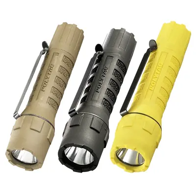 Three Streamlight® PolyTac® Flashlights side by side, showcasing their compact design, rugged construction, and versatile lighting modes for tactical and emergency applications.