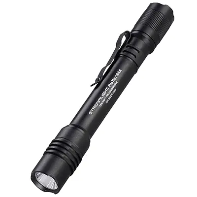 Streamlight® ProTac® 2AA Flashlight with compact black body and textured grip shown in a vertical position.