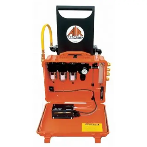 Air Systems® Blast-Air™ cart equipped with 100 CFM Breather-Box® filtration system, featuring 123 CFM flow capacity and 8 couplings for efficient compressed air delivery in industrial applications.