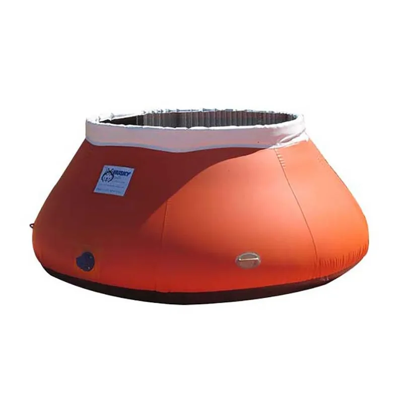Orange Husky® self-supporting frameless portable water tank with white upper collar and side fittings for firefighting water supply.