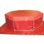 Red Husky® ground tarp and cover shown on an octagonal frame pool, with the cover fastened over the top.