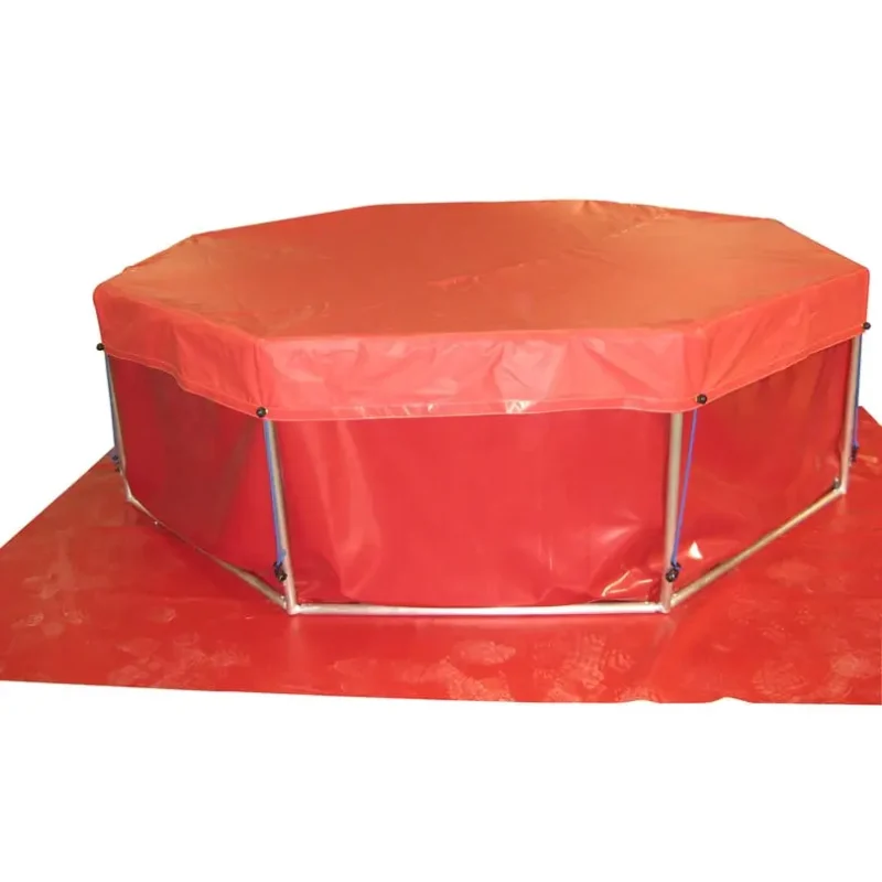 Red Husky® ground tarp and cover shown on an octagonal frame pool, with the cover fastened over the top.