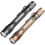 Two Streamlight® ProTac® 2AA-X USB flashlights, one in black and one in coyote tan, shown side by side with pocket clips and textured aluminum bodies.