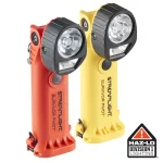 Two Streamlight® Survivor Pivot® right-angle flashlights in orange and yellow, shown side by side with pivoting heads and a HAZ-LO® Division 1 lighting badge for hazardous locations.