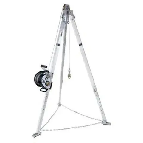3M™ DBI-SALA® Advanced™ Aluminum Tripod – 7 ft with integrated winch and cable, featuring telescoping adjustable locking legs, built-in pulley system, rubber safety shoes with spiked edges, and safety leg support chain for secure and efficient confined space entry and rescue operations.