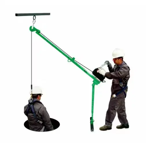 Person operating the 3M™ DBI-SALA® Confined Space Pole Hoist System (6 ft to 10 ft), safely pulling a worker up from a confined space entry hole using the adjustable telescoping pole and hoist for controlled rescue.
