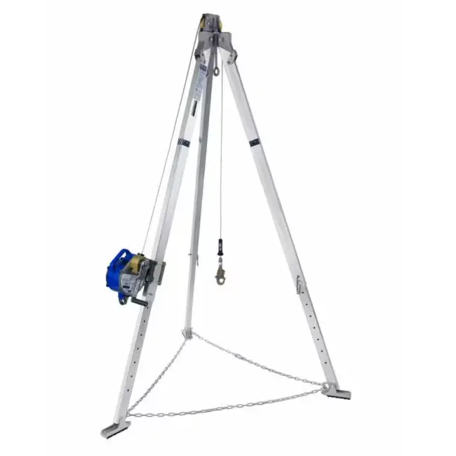 3M™ DBI-SALA® Advanced™ Aluminum Tripod with self-retracting lifeline (SRL) attached, showcasing a complete setup for confined space entry and fall arrest protection.