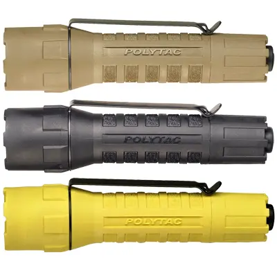 Side view of three Streamlight® PolyTac® Flashlights lined up, highlighting their slim, durable bodies and ergonomic grips designed for reliable use in tactical and emergency situations.