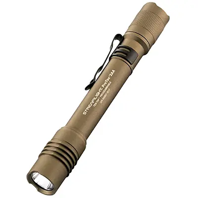Streamlight® ProTac® 2AA Flashlight with compact light brown body and textured grip shown in a vertical position.